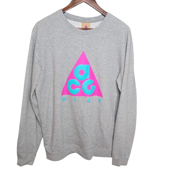 Nike ACG Sweatshirt Crew Neck Gray Pink Blue Triangle Logo Back Pocket Mens L - Picture 1 of 12